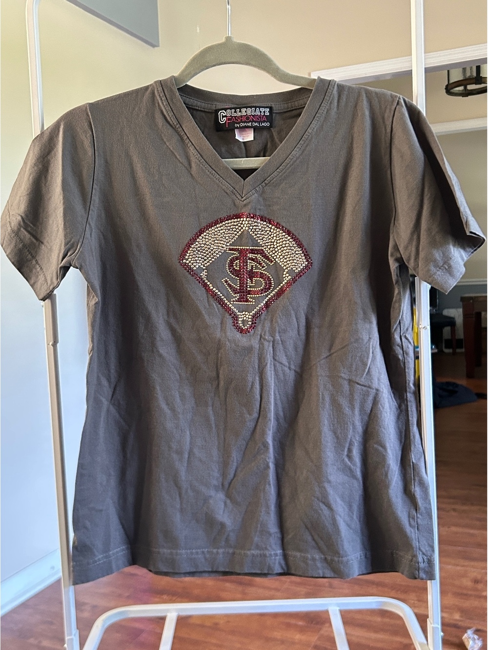 Collegiate Fashionista by Diane Dal Lago Gray V-Neck T-Shirt Rhinestones Sz M